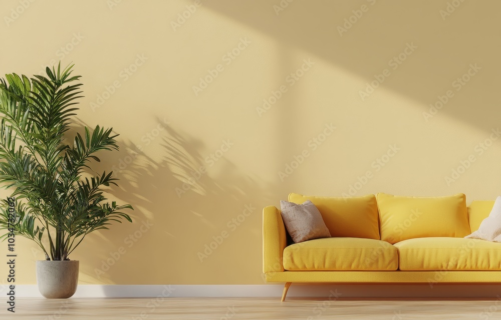 A yellow sofa with cushions sits in front of a yellow wall with a potted plant to the left. The room is bathed in sunlight, casting shadows on the wall.