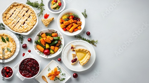 A stylized flat lay of traditional Thanksgiving dishes, including roasted vegetables, cranberry sauce, and various pies, beautifully plated on decorative serving dishes. The composition emphasizes