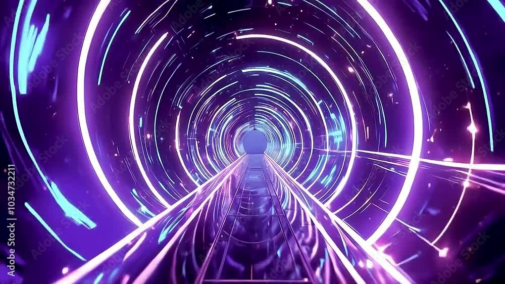 a futuristic tunnel with purple lights and a person standing in the middle of it. a futuristic tunnel with purple lights and a person standing in the middle of it.