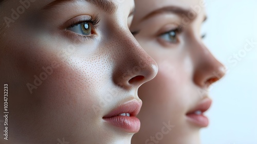 Recovery timeline video showing rhinoplasty results, featuring close-up views of the nose healing at different stages, with a final before-and-after reveal, Photorealistic, Bright Lighting