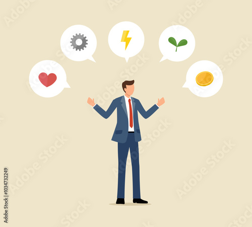 地球の環境問題について語る男性のフラットなベクターイラスト画像、ハート、産業、電力、環境、経済、マネー
