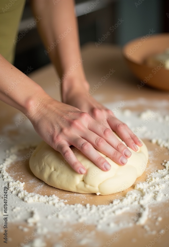 Crafting Comfort: Kneading Dough by Hand for Freshly Baked Bread in a Cozy Kitchen Crafting Comfort: Kneading Dough by Hand for Freshly Baked Bread in a Cozy Kitchen