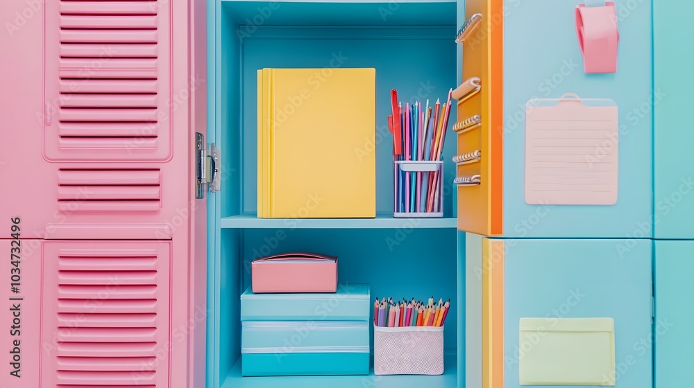 A creative flat lay of school supplies neatly organized inside a bright, open locker A creative flat lay of school supplies neatly organized inside a bright, open locker