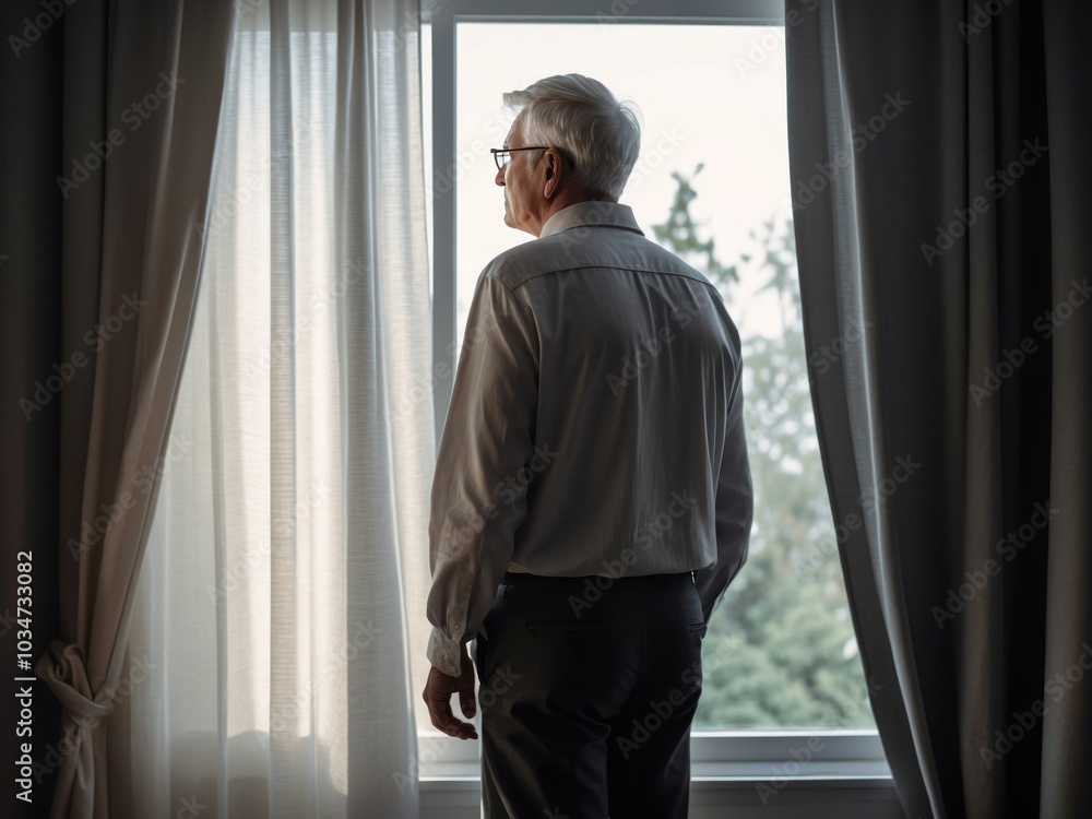 senior man standing near window in room at home. AI Generative senior man standing near window in room at home. AI Generative