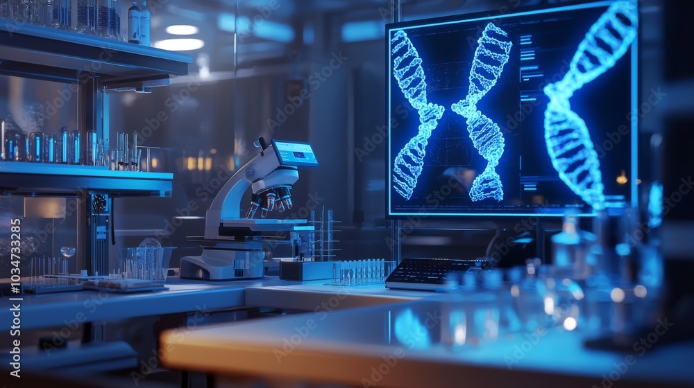Futuristic gene editing lab with holograms displaying detailed ...