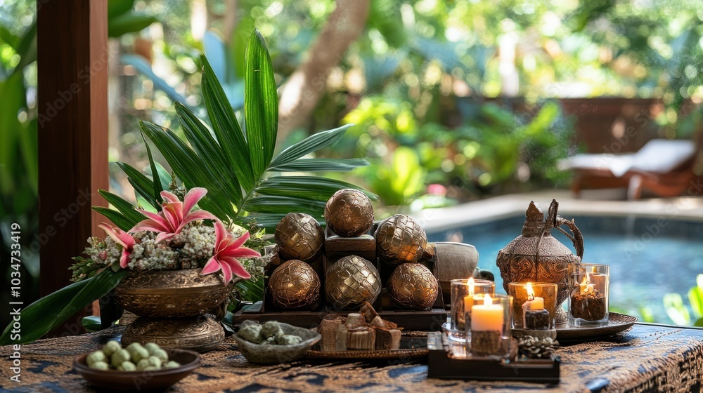 A beautiful arrangement of herbal compress balls and scented candles on a spa table, ready for a traditional Thai massage, showcasing cultural elements in spa treatments A beautiful arrangement of herbal compress balls and scented candles on a spa table, ready for a traditional Thai massage, showcasing cultural elements in spa treatments