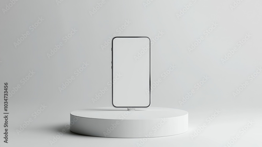 A Silver Smartphone on a White Circular Pedestal A Silver Smartphone on a White Circular Pedestal