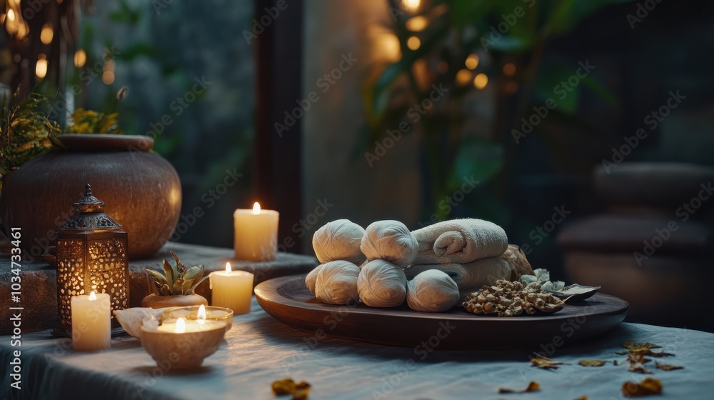 A beautiful arrangement of herbal compress balls and scented candles on a spa table, ready for a traditional Thai massage, showcasing cultural elements in spa treatments A beautiful arrangement of herbal compress balls and scented candles on a spa table, ready for a traditional Thai massage, showcasing cultural elements in spa treatments