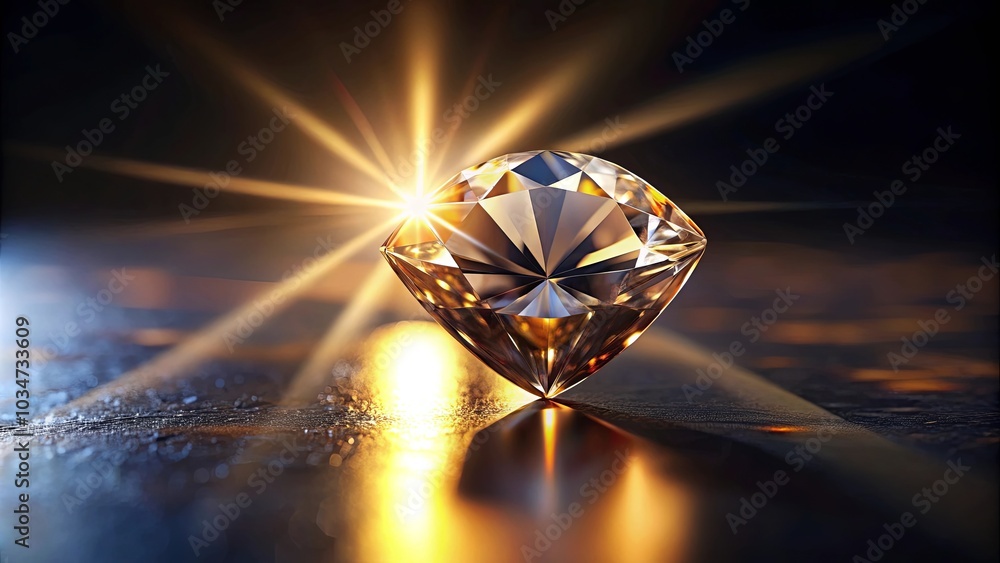 A solitary gemstone catches the golden rays of light, casting a brilliant shimmer on a dark, reflective surface. A solitary gemstone catches the golden rays of light, casting a brilliant shimmer on a dark, reflective surface.