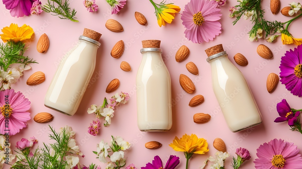 Almond milk bottles arranged in a circle, surrounded by whole almonds and vibrant flowers, captured from a top-down perspective on a soft pink backdrop