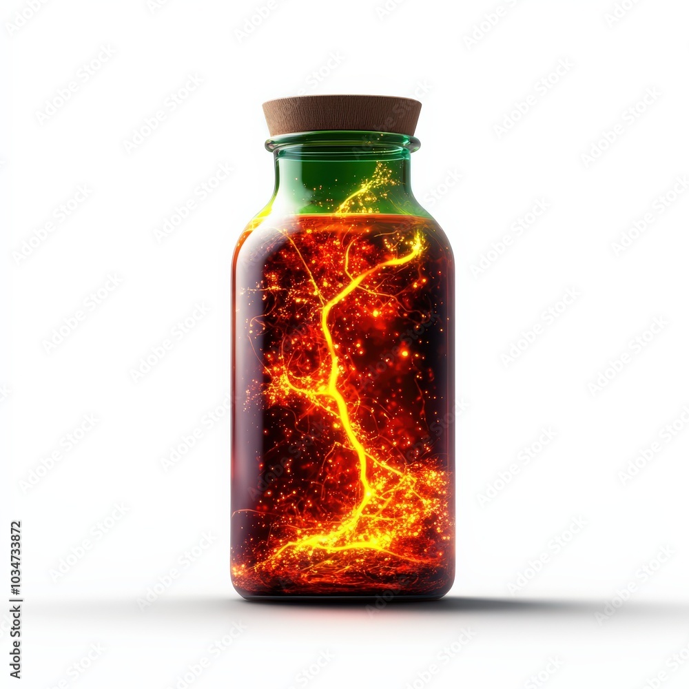 Creative bottle with glowing liquid, isolated on white background. Creative bottle with glowing liquid, isolated on white background.
