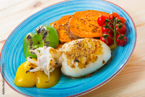 Cuadro en lienzo Grilled sepia with Bulgarian pepper and boiled Batat served on plate