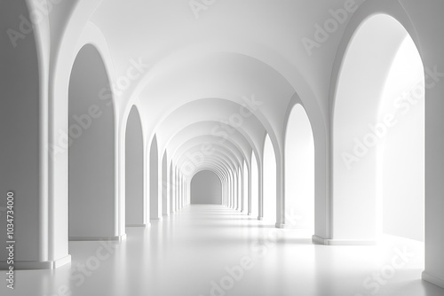 A White, Arched Corridor Leading to a Light Source