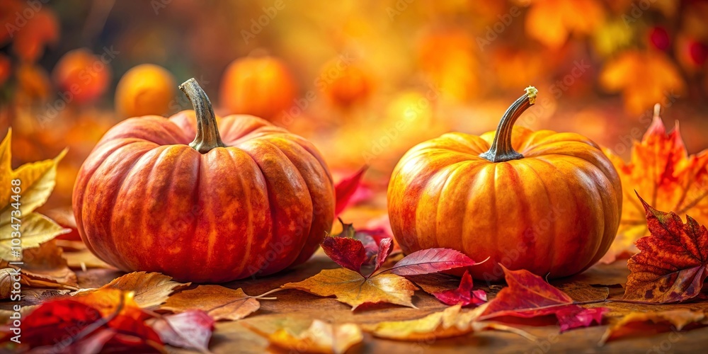A Vibrant Display of Autumnal Hues with Two Ripe Pumpkins Resting Among a Carpet of Fallen Leaves