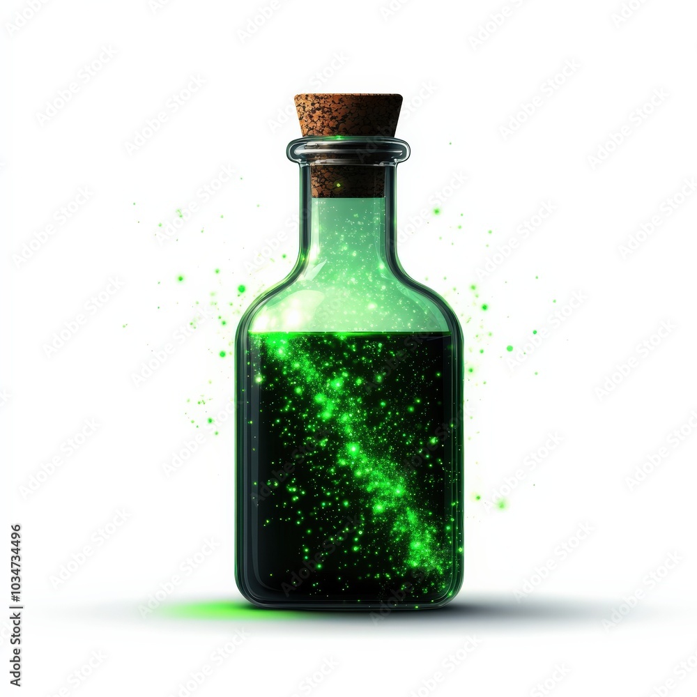 Green potion bottle with sparkles on white isolated background. Green potion bottle with sparkles on white isolated background.