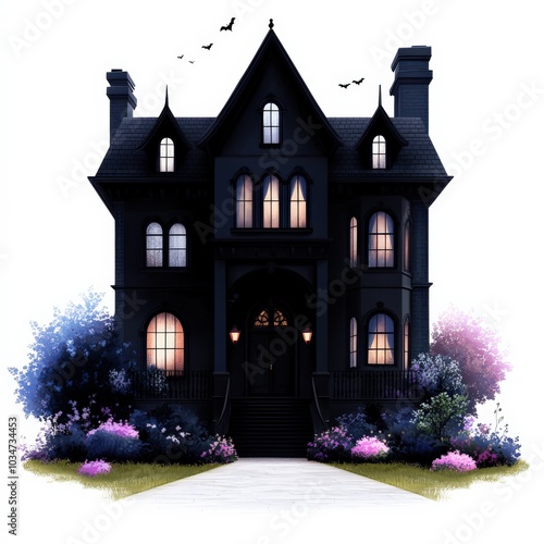 Gothic style black house with colorful flowers, isolated on white background.