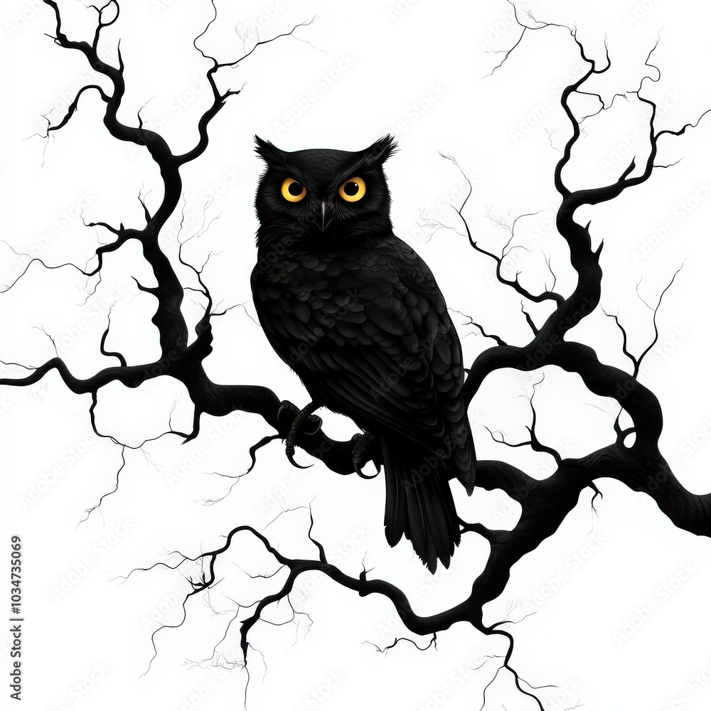 Obraz premium Owl perched on a black branch against a white isolated background