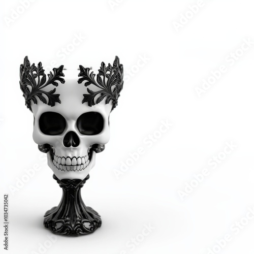 Ornate skull cup with intricate design, isolated on a white background. photo