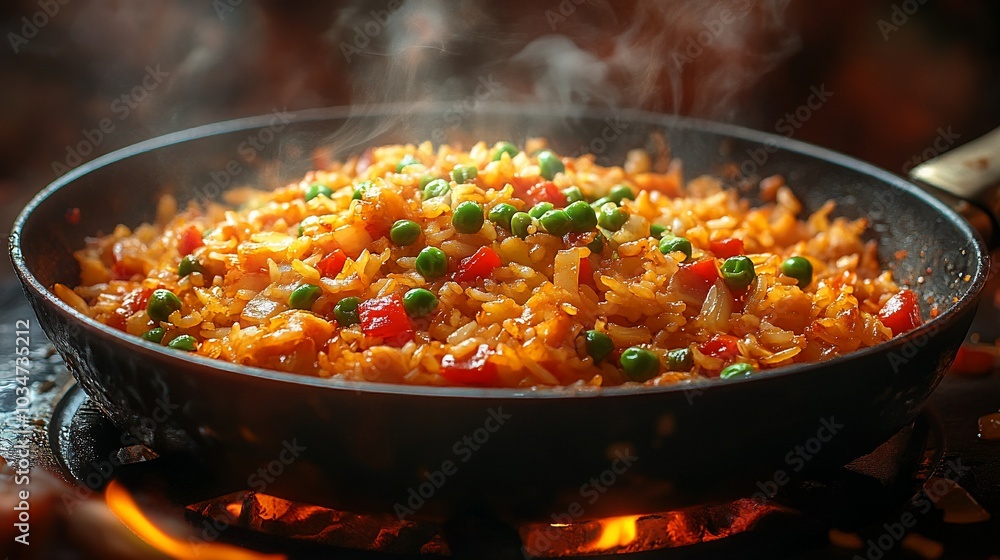 A steaming pan of colorful fried rice with vegetables, showcasing a delicious meal preparation. A steaming pan of colorful fried rice with vegetables, showcasing a delicious meal preparation.