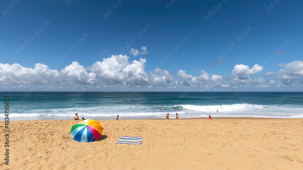 A vibrant summer beach scene featuring a pristine shoreline with golden sand, gentle waves lapping at the shore, and a bright blue sky dotted with fluffy white clouds. In the foreground, a colorful A vibrant summer beach scene featuring a pristine shoreline with golden sand, gentle waves lapping at the shore, and a bright blue sky dotted with fluffy white clouds. In the foreground, a colorful