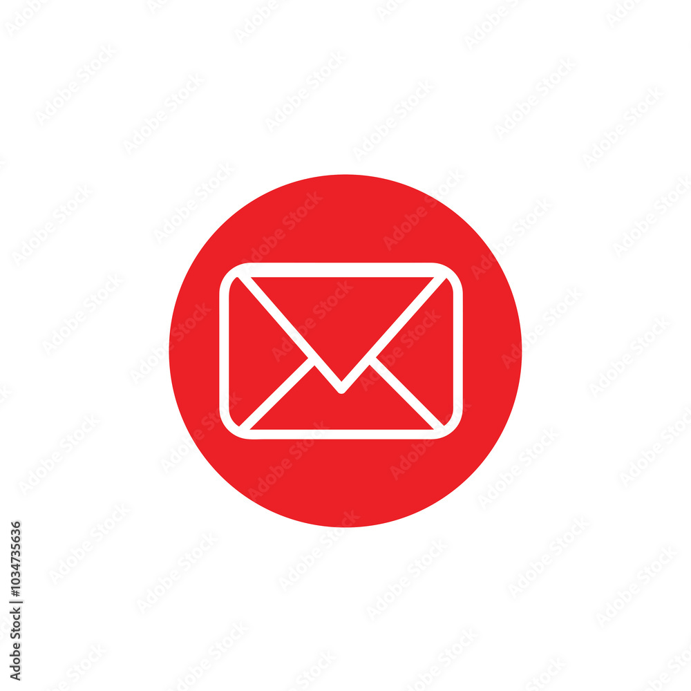 This is a minimalist email icon featuring a white envelope symbol inside a vibrant red circular background. The clean lines of the envelope, contrasted with the bold red circle. This is a minimalist email icon featuring a white envelope symbol inside a vibrant red circular background. The clean lines of the envelope, contrasted with the bold red circle.
