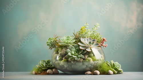 An elegant display of various succulents artfully arranged in a glass bowl, surrounded by smooth stones, highlighting the tranquility of nature's beauty, copy space