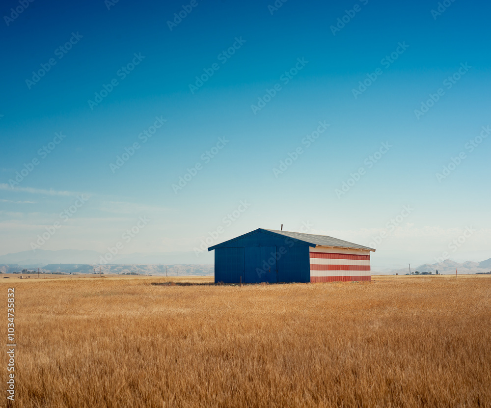 patriotic barn in the middle of a dry field on a summer day with blue sky patriotic barn in the middle of a dry field on a summer day with blue sky