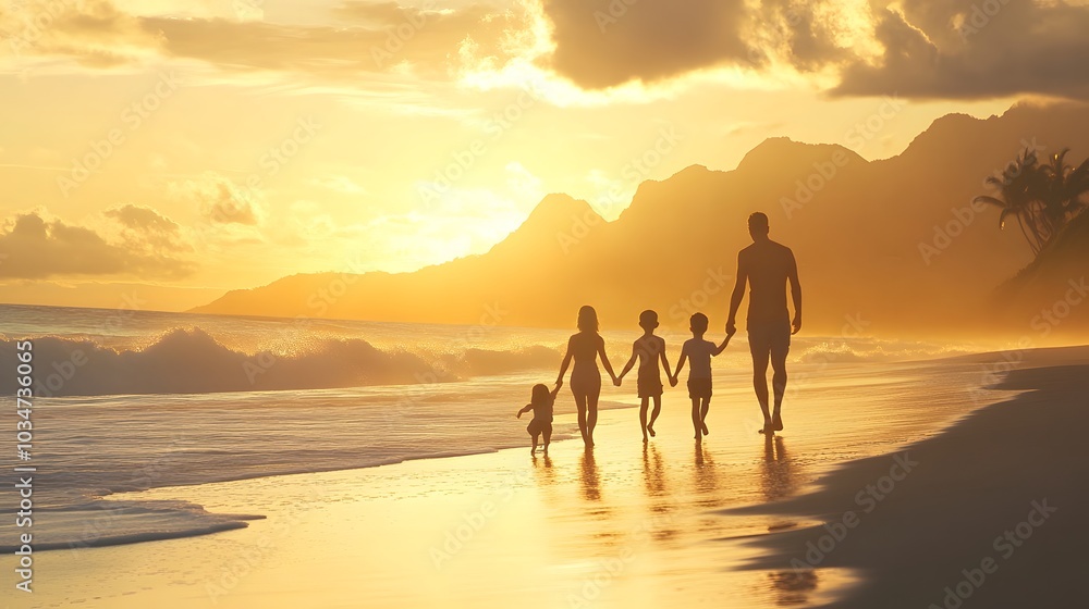 A family walking hand in hand along a beach, A family walking hand in hand along a beach,