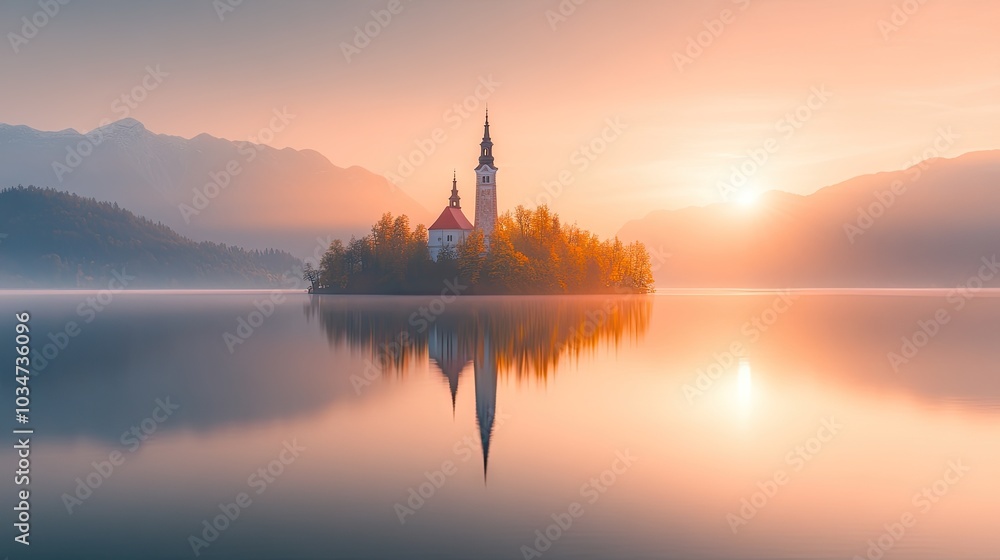 The peaceful Lake Bled in Slovenia, with a church on a small island in the center. The peaceful Lake Bled in Slovenia, with a church on a small island in the center.