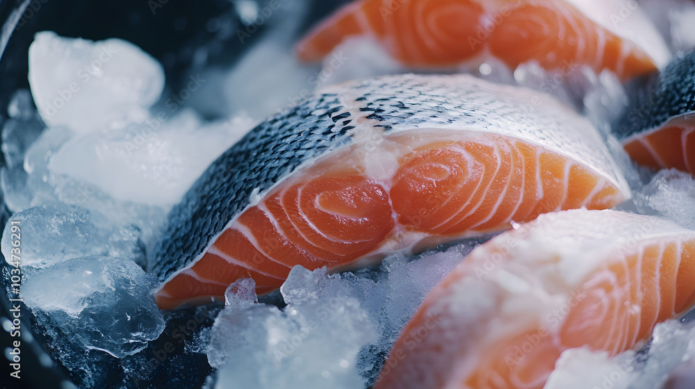 Fresh salmon fillets resting on a bed of ice, showcasing vibrant color and texture, ideal for culinary displays and seafood presentations Fresh salmon fillets resting on a bed of ice, showcasing vibrant color and texture, ideal for culinary displays and seafood presentations