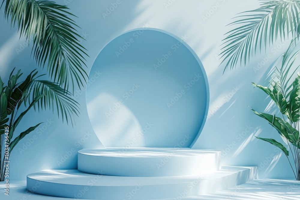 Minimalist Product Display with Blue Background and Palm Leaves Minimalist Product Display with Blue Background and Palm Leaves
