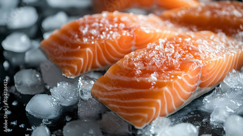 Fresh Salmon Fillet on Ice Display, vibrant pink flesh, glistening ice, showcasing quality seafood for culinary presentation photo