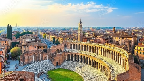 The ruins of an ancient Roman amphitheater in Verona, Italy, with surrounding city views.