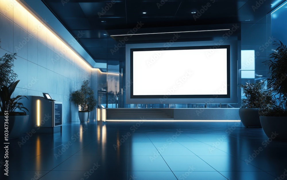 A dynamic 3D illustration showcasing a contemporary exhibition area with a large blank display screen A dynamic 3D illustration showcasing a contemporary exhibition area with a large blank display screen