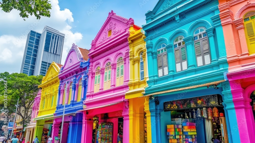 Naklejka premium The vibrant, bustling atmosphere of Little India, with its ornate temples and colorful storefronts.