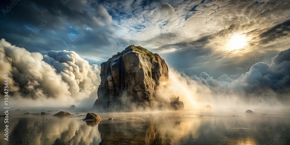 Fototapeta premium An isolated rocky island shrouded in mist, bathed in the golden glow of the rising sun, with a reflection on the still water below, creating a sense of tranquility and mystery.