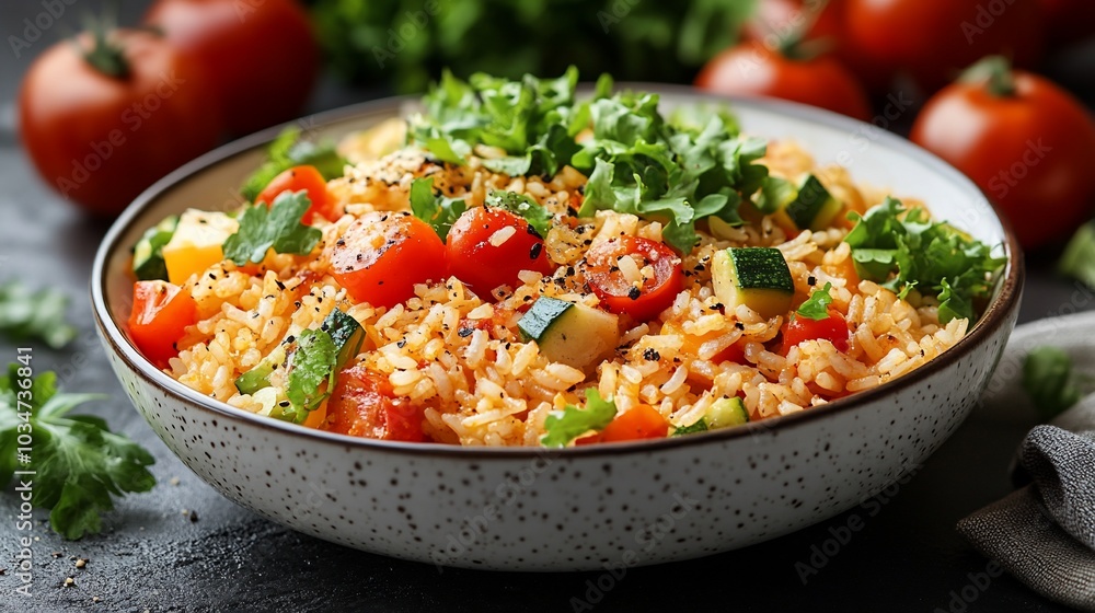 A vibrant bowl of rice mixed with fresh vegetables, garnished with herbs. A vibrant bowl of rice mixed with fresh vegetables, garnished with herbs.