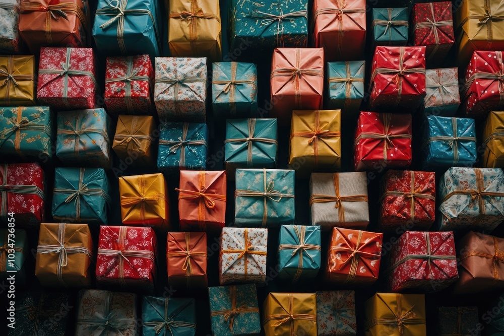 A Collection of Wrapped Gifts with Various Patterns and Colors A Collection of Wrapped Gifts with Various Patterns and Colors