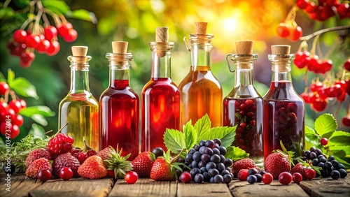 A Rustic Still Life of Glass Bottles Filled with Homemade Infused Liquors, Surrounded by Lush Foliage and Ripe Berries, Displayed on a Weathered Wooden Tabletop