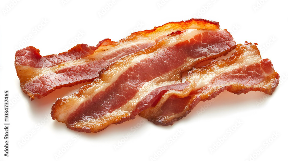 Crisp Fried Bacon on White Background, high-resolution depiction showcasing the texture and color of delicious bacon, ideal for e-commerce display Crisp Fried Bacon on White Background, high-resolution depiction showcasing the texture and color of delicious bacon, ideal for e-commerce display