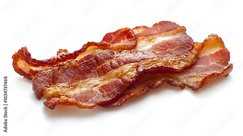 Crisp Bacon Delight, enticing image of perfectly cooked bacon on a clean white backdrop, ideal for culinary showcases and menus Crisp Bacon Delight, enticing image of perfectly cooked bacon on a clean white backdrop, ideal for culinary showcases and menus