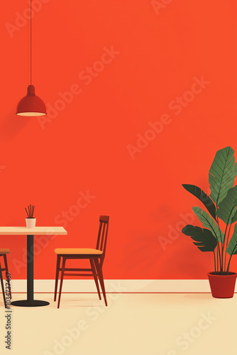 Cozy cafe interior with vibrant red wall. photo