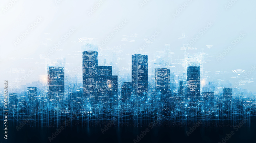 Futuristic cityscape with 5G signal towers, digital waves representing high-speed data transmission, smart city technology Futuristic cityscape with 5G signal towers, digital waves representing high-speed data transmission, smart city technology