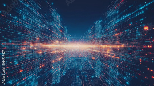 Digital grid representing 5G wireless connectivity, multiple industries interconnected by high-speed signals, futuristic technology landscape