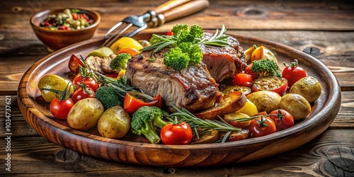 A rustic wooden platter piled high with a flavorful roast, roasted vegetables, and sprigs of rosemary.