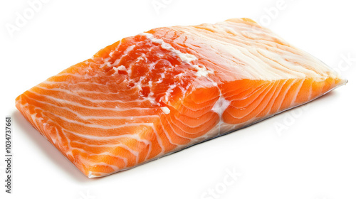 Salmon fillet display, pristine white background, showcasing vibrant texture, ultra horizontal perspective, enticing culinary presentation