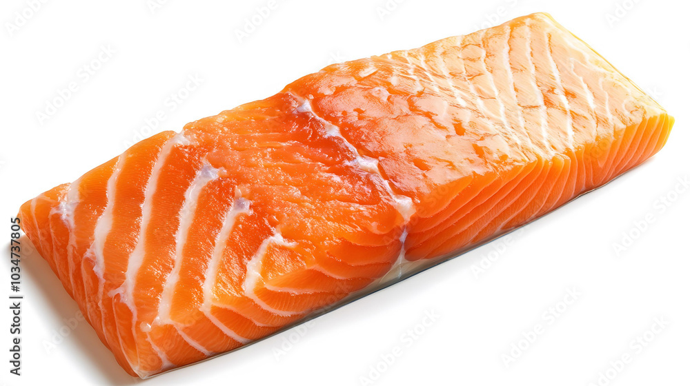 Fresh salmon fillet on white background, showcasing vibrant color and intricate texture, presented in an ultra-wide format Fresh salmon fillet on white background, showcasing vibrant color and intricate texture, presented in an ultra-wide format