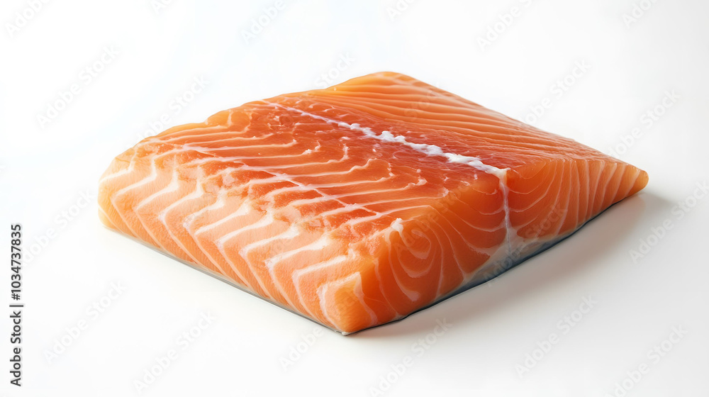 Fresh salmon fillet on white background, showcasing rich texture and vibrant color, inviting culinary presentation and gourmet exploration Fresh salmon fillet on white background, showcasing rich texture and vibrant color, inviting culinary presentation and gourmet exploration