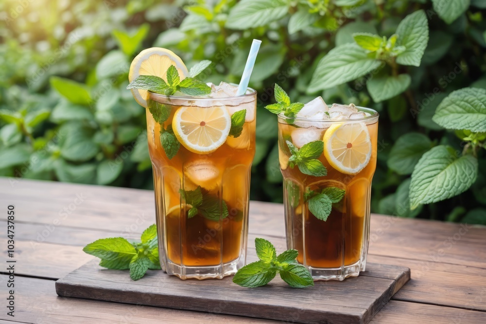 A refreshing glass of tea with lemon and mint on wooden table A refreshing glass of tea with lemon and mint on wooden table