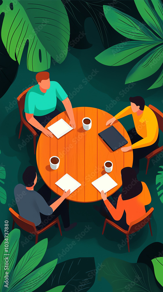 Group brainstorming session in greenery. Group brainstorming session in greenery.